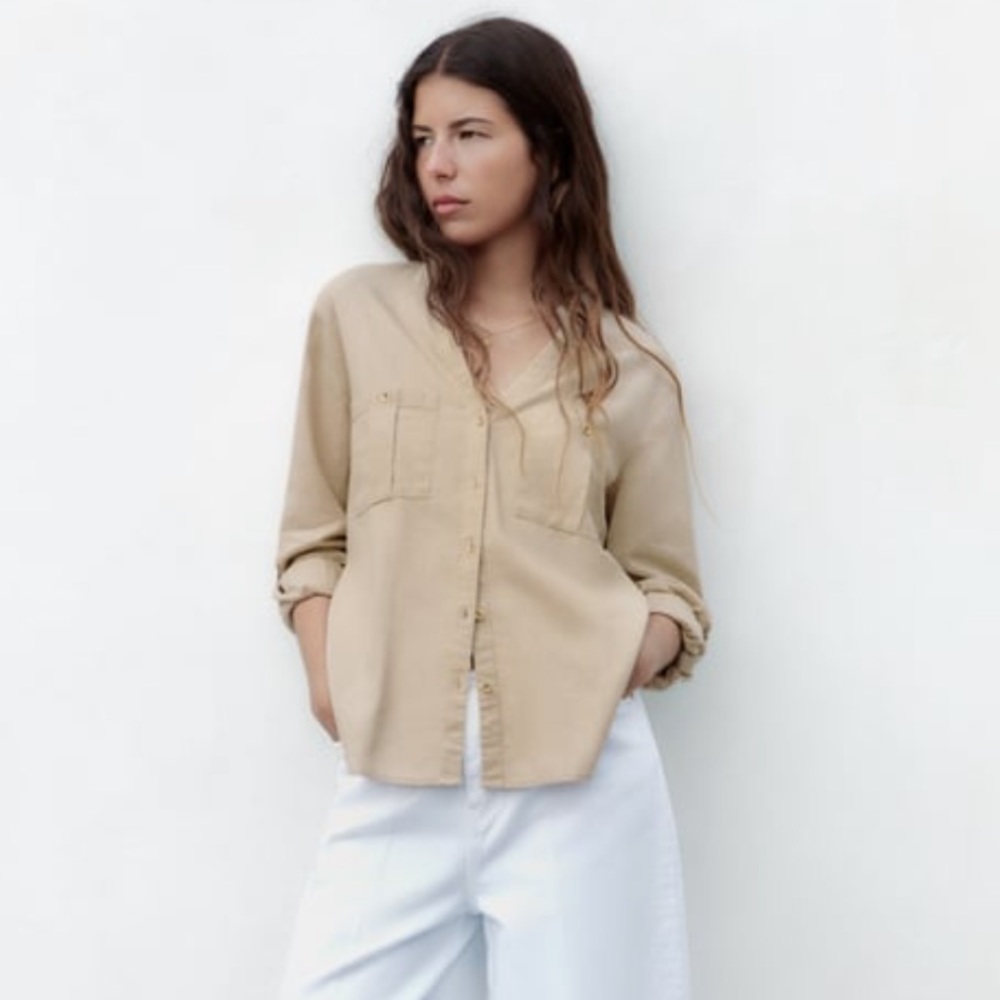 NWT Zara Linen Blend Tab Shirt, Beige Color, XS